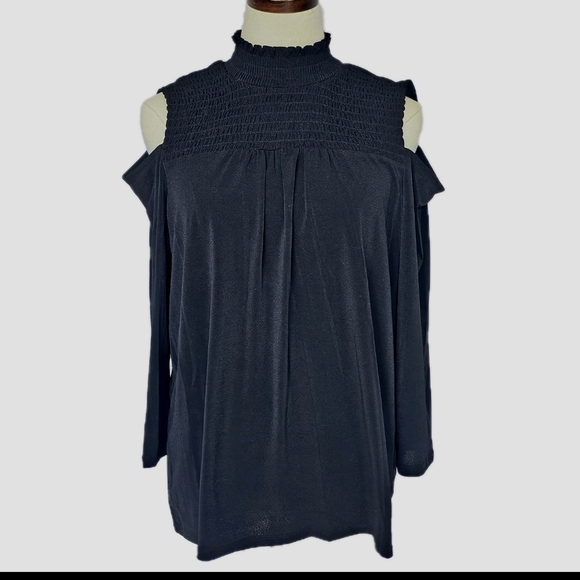 Adrianna Papell Women's Large Black Cold Shoulder Mock Neck Casual Blouse Top - Picture 1 of 12